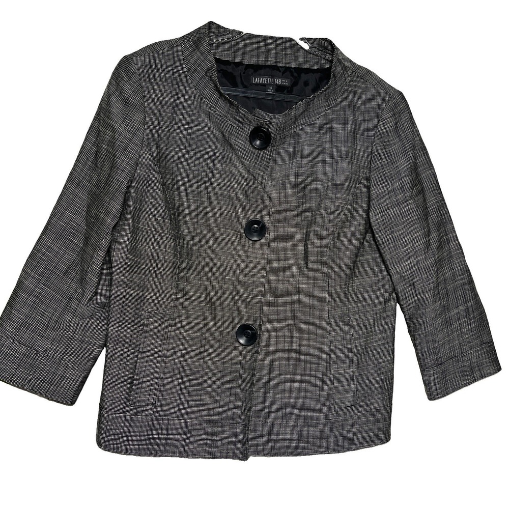 Lafayette 148 Gray Silk Linen Standing Collar Jacket Women Size 14 Large Buttons